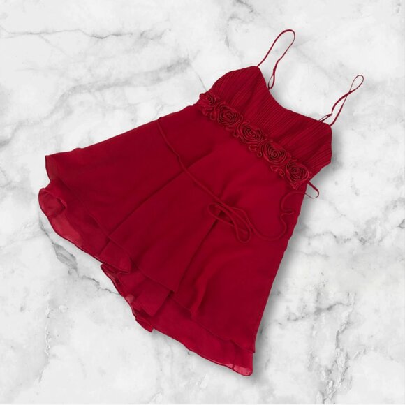 Vtg FLORA Red Nightie Gown Small Sweetheart Rosebud Chiffon Flowy Slip Dress - Picture 5 of 10